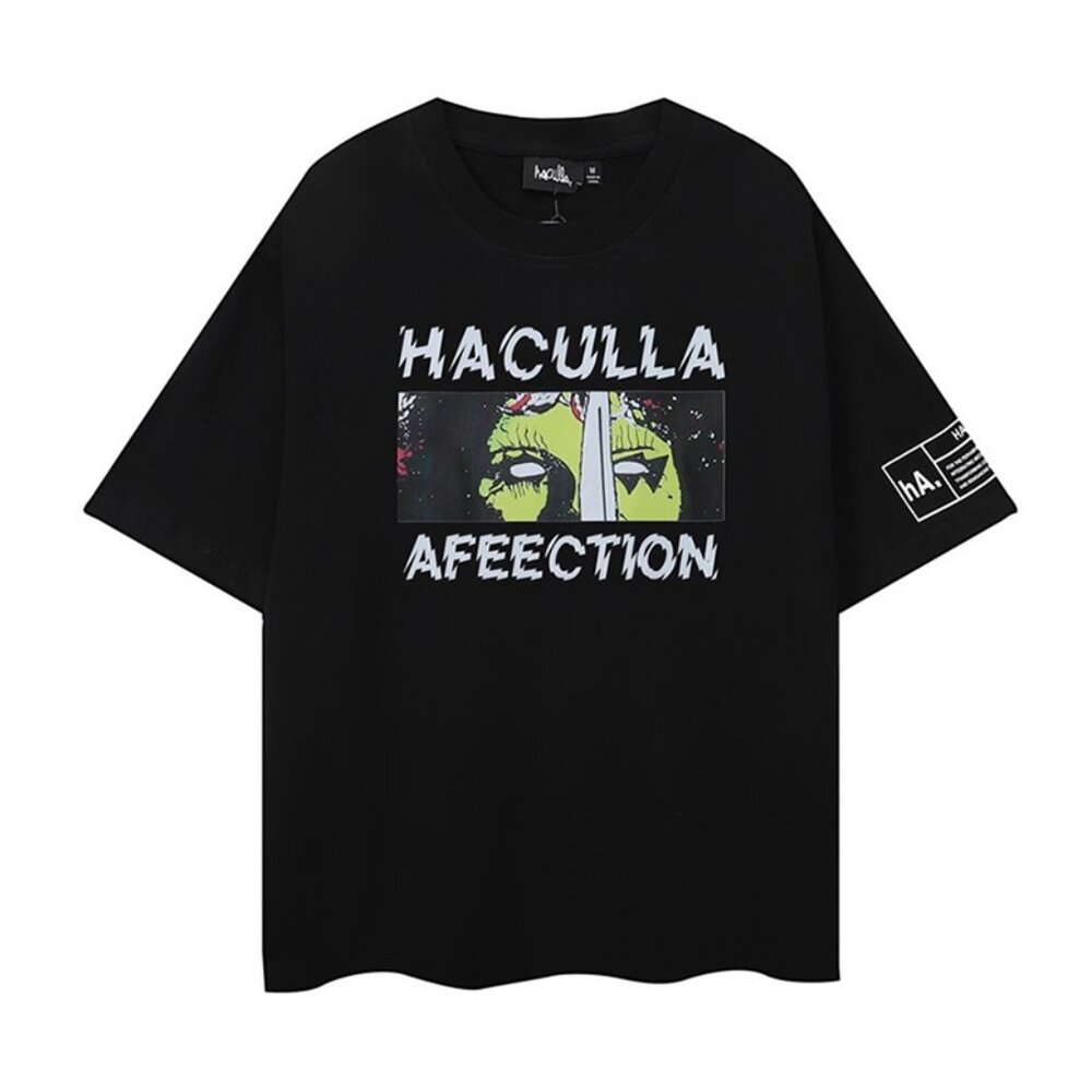 Haculla Black Short Sleeved Shirt With Green Lettering Pattern